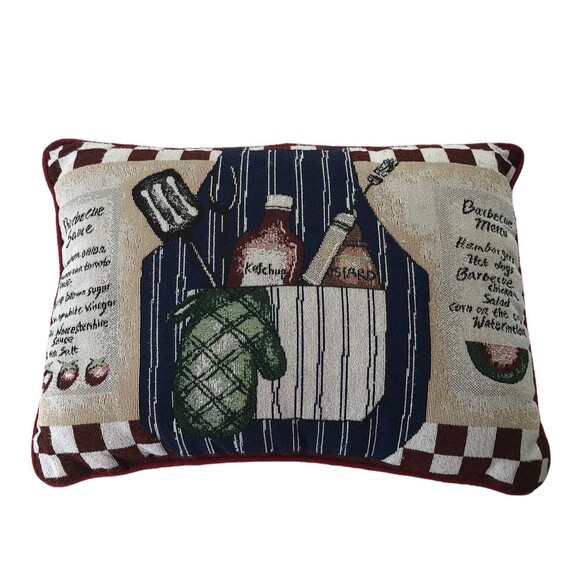 Summer BBQ Throw Pillow Red White Checkered Edges Menu Sauce Condiments Mitt - Picture 1 of 9